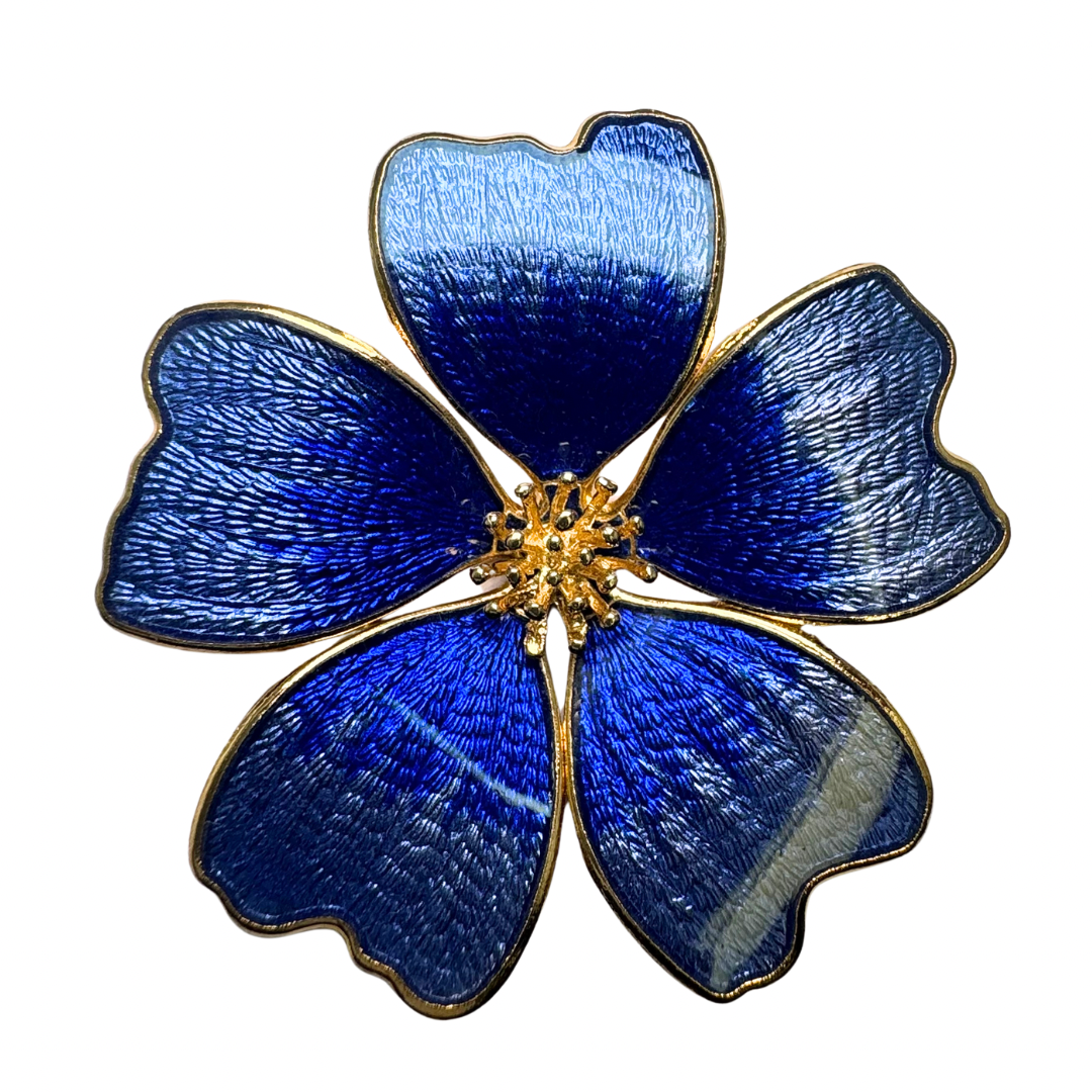 Vintage Blue Faux Cloisonne Enamel & Gold-tone Flower Brooch