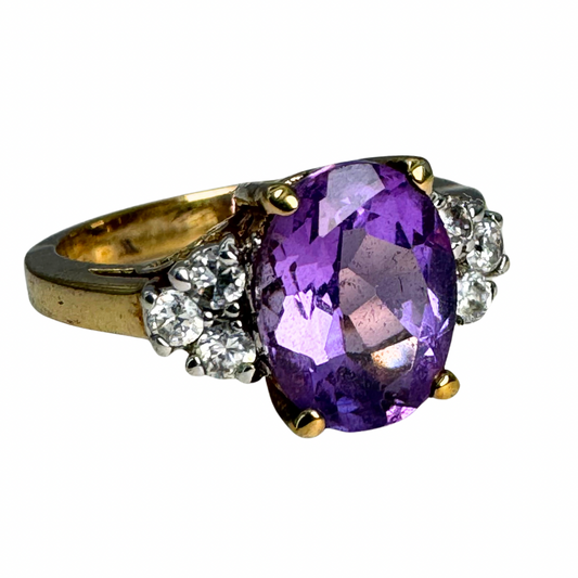 Amethyst and Paste Gem Ring Set in Gold-Tone Shank