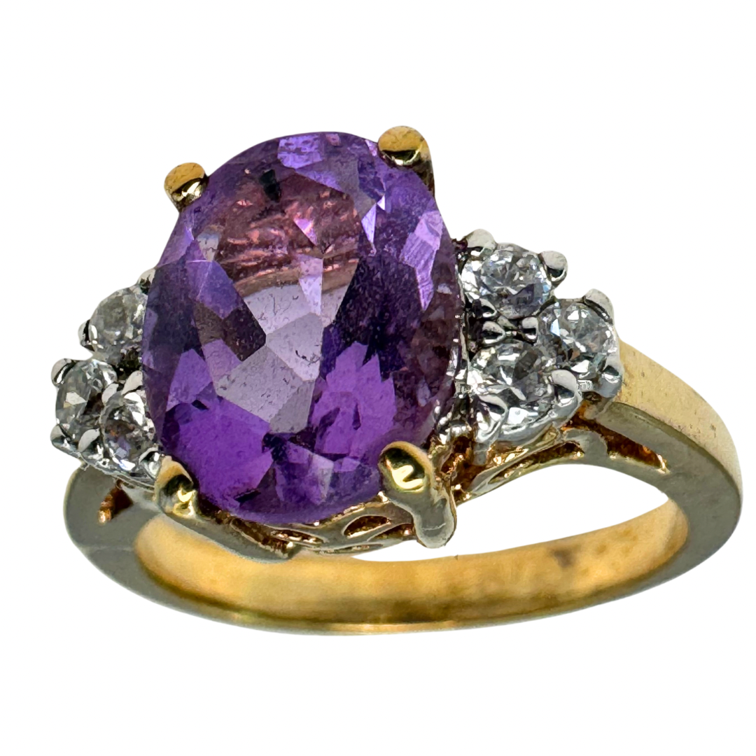 Amethyst and Paste Gem Ring Set in Gold-Tone Shank