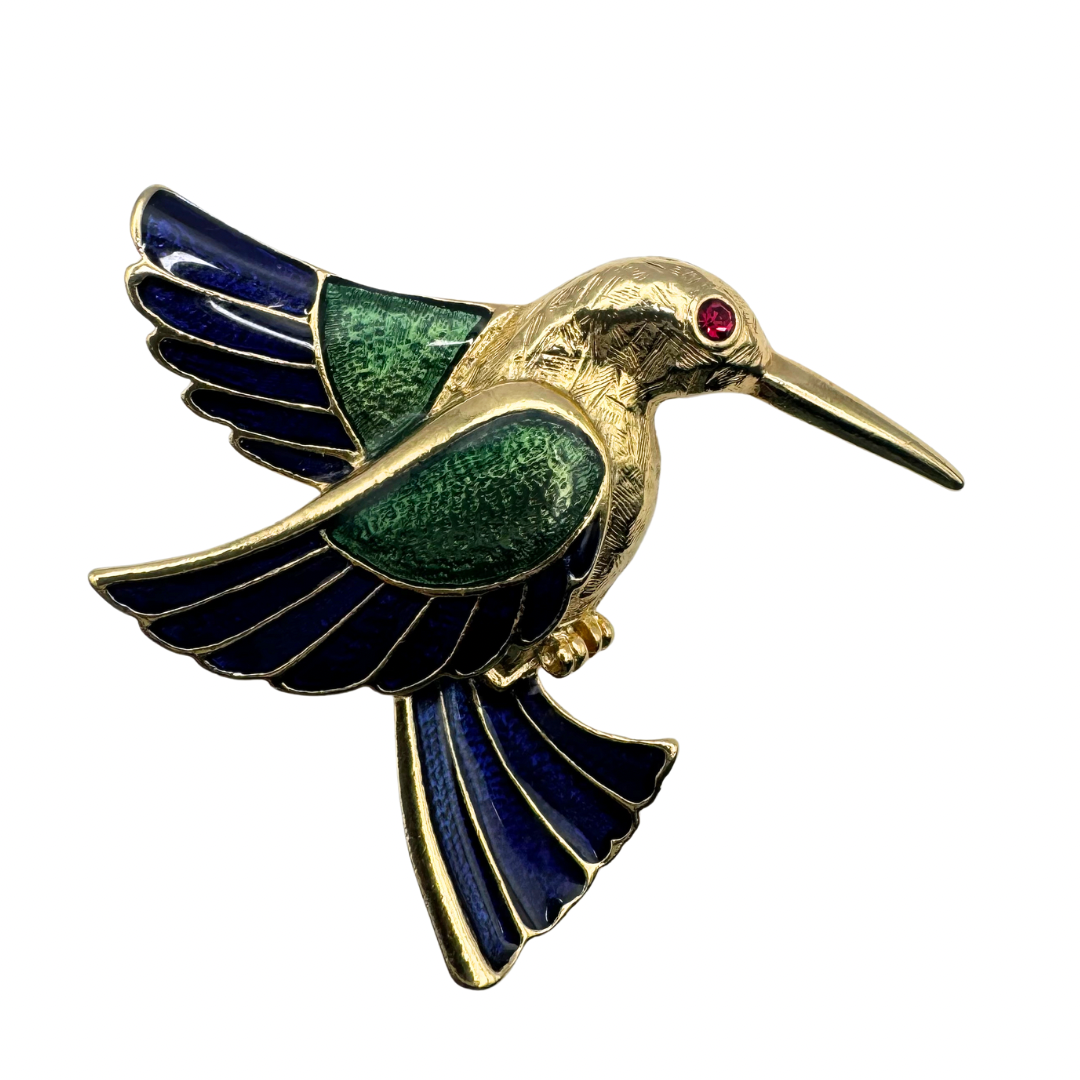 Beautiful Vintage Hummingbird Brooch with Enamel Wings and Red Diamanté Eye