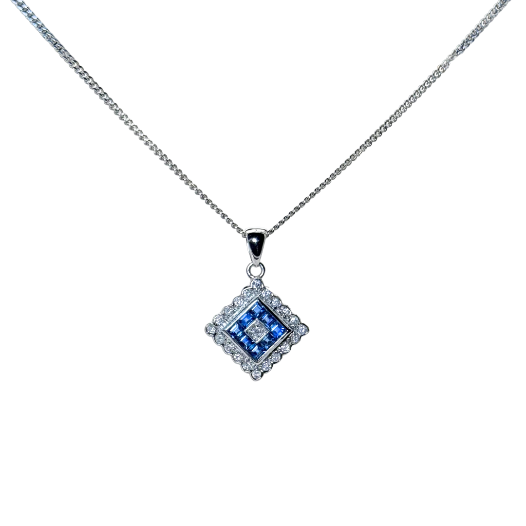 18ct White Gold 0.30ct Sapphire & Diamond Cluster Pendant, 9ct 16.5" white gold chain